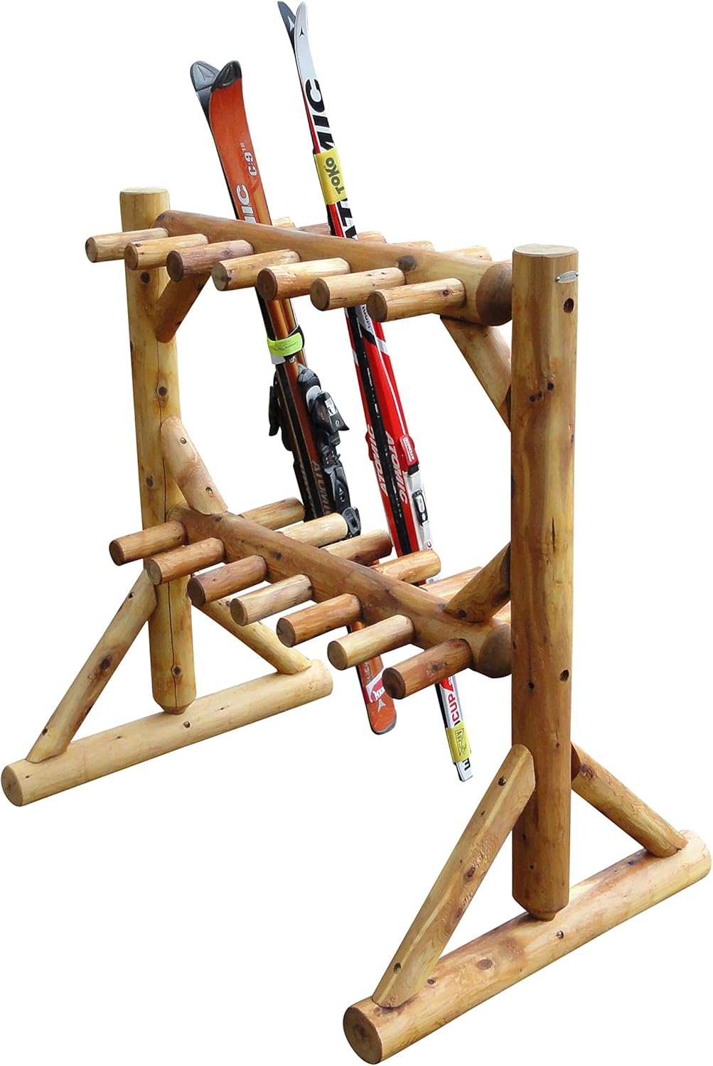 11-Place Freestanding Log Ski Rack Holder, Indoor & Outdoor Snowboard Racks, Standing Storage, Durable Snowboard Rack Garage Storage Organizer - Natural + 15" Anchor Kit