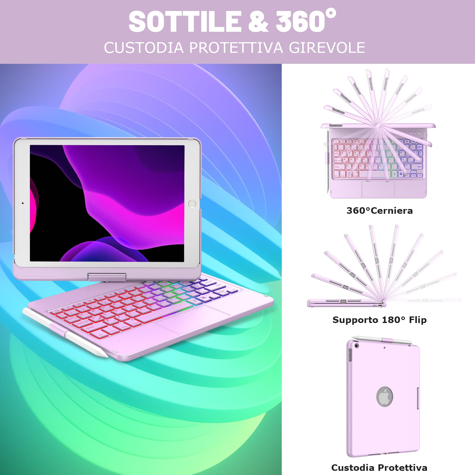 Custodia con Tastiera Touchpad per iPad 9a Gen 10.2" 2021,Tasti Multi-Touch e Retroilluminati,Ruotabile a 360° e Supporto per Matita,Custodia con Tastiera Trackpad per iPad 10.2 iPad 9a/8a/7a