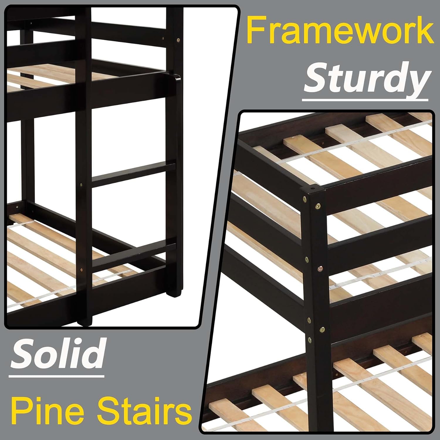 Anwick Twin Over Twin Low Bunk Bed with Stairs and Rails, Wooden Bunk Beds Frame with Safety Guardrail and Slats for Toddlers, Kids, Teens, Boys, Girls, Noise-Free (Espresso, Bunk)