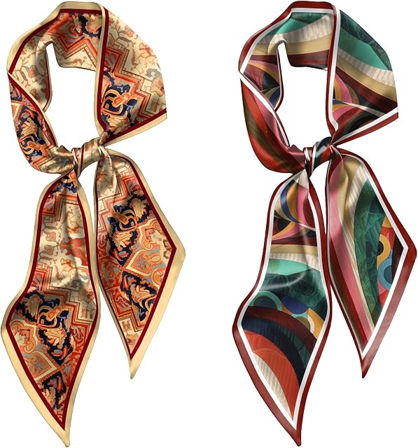 2PCS Hair Head Scarf Silk Feeling Long Satin Neck Satin Scarves for Handbag Cute Decoration Aesthetic Women 59 * 6.7''
