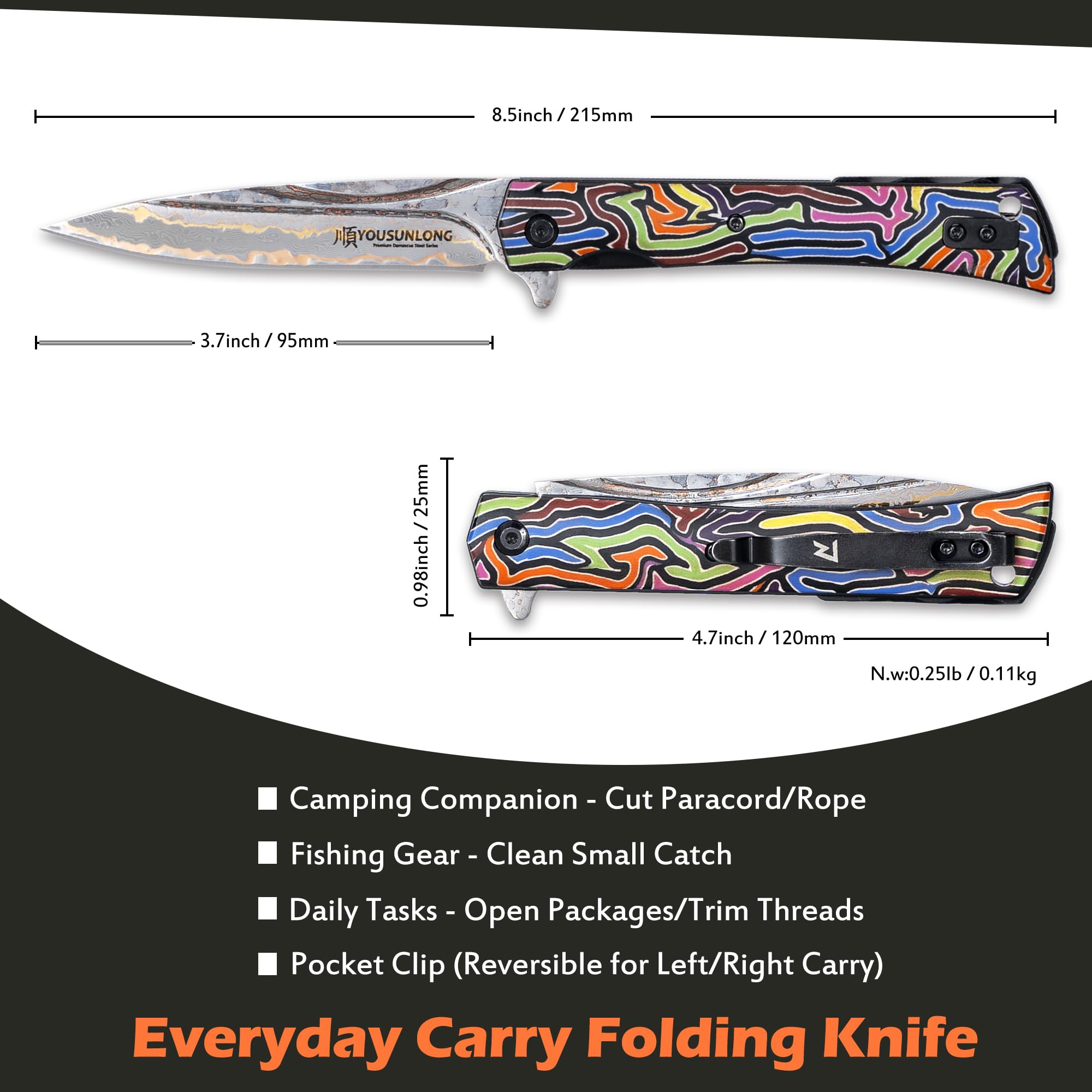 YOUSUNLONG Coltello pieghevole da campeggio da 215 mm - Lama in acciaio damasco CuMai - Rivestimento del manico in G10 multicolore