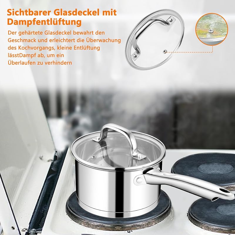 TEAMFAR Rozsdamentes Acél Tejforraló Lábas 14 cm, 0,9L Üvegfedővel - 3 Rétegű Alj, Minden Tűzhelyhez, Indukciós, Mosogatógépben Mosható