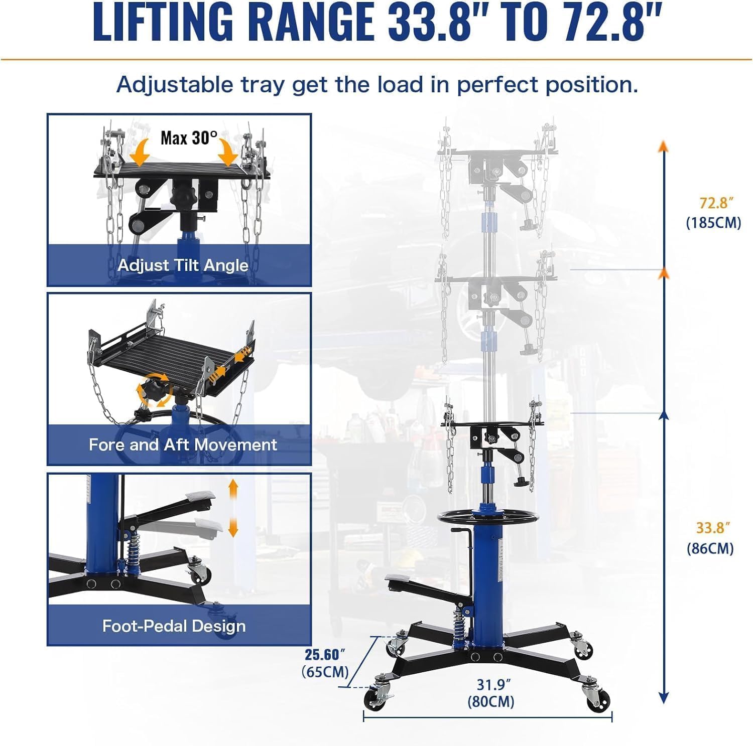 Transmission Jack, (3/5 T) 1322 LBS Capacity 2 Stage Adjustable Hydraulic Telescopic Transmission Jack with Foot Pedal, 33.5 in-69 in High Lift and 360° Swivel Wheel, Garage/Shop Lift Hoist, Blue