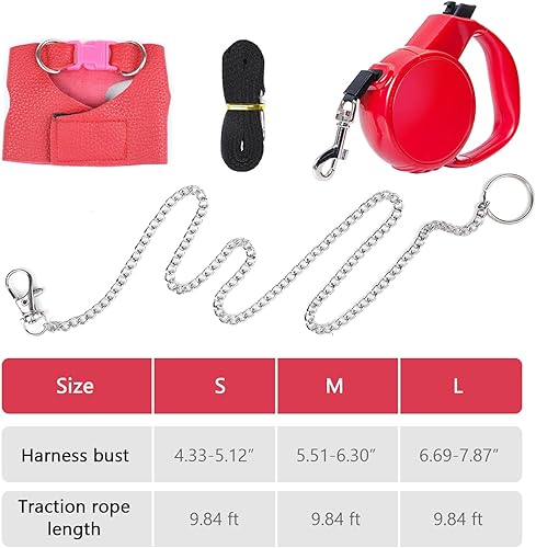 Miniatura 7 de La La Pet Juego de arnés y correa retráctil ajustable para animales pequeños, hámster, actividades al aire libre, cadena de metal, rojo, S