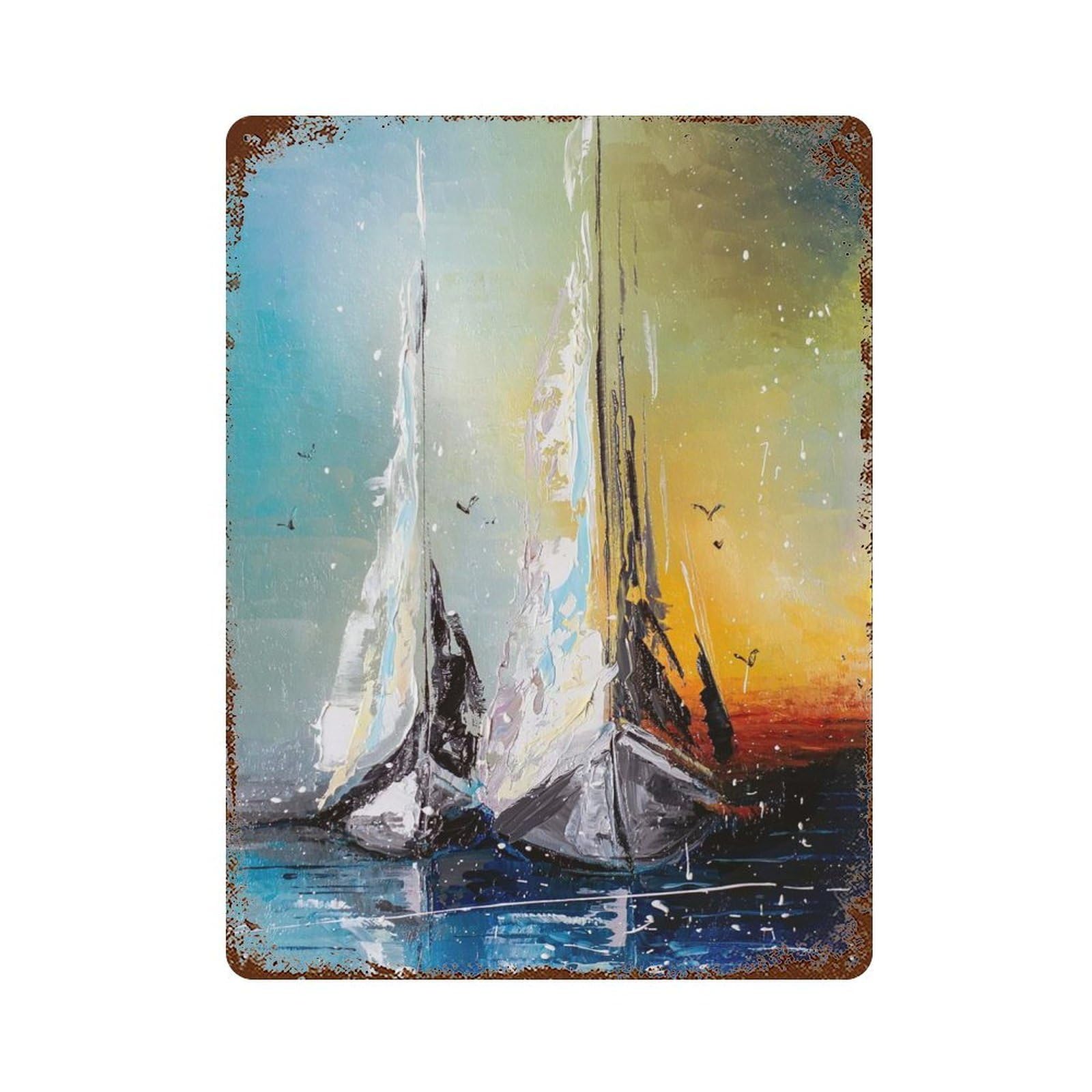 Vintage Rust Metal Sign Sailboats at Dusk 15.7"x11.8", Old School Wall Decor for Garage, Bar And Workshop Decor