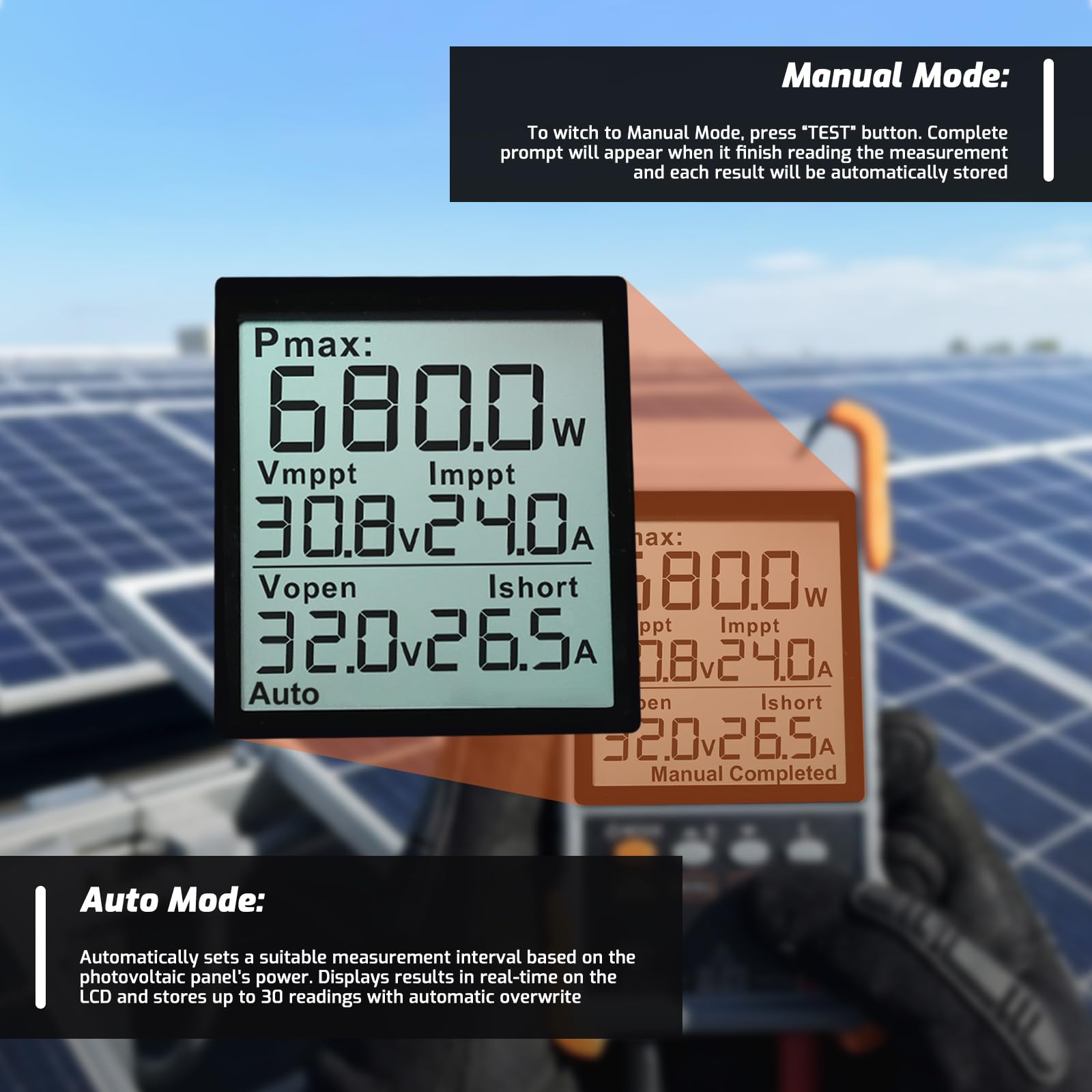 Misuratore Tester per Pannelli Solari con MPPT 2000W 90V 40A, Monitoraggio PV, Test Automatico/Manuale, Schermo LCD, Protezione da Sovratensione/Sovracorrente/Inversione di Polarità/Temperatura