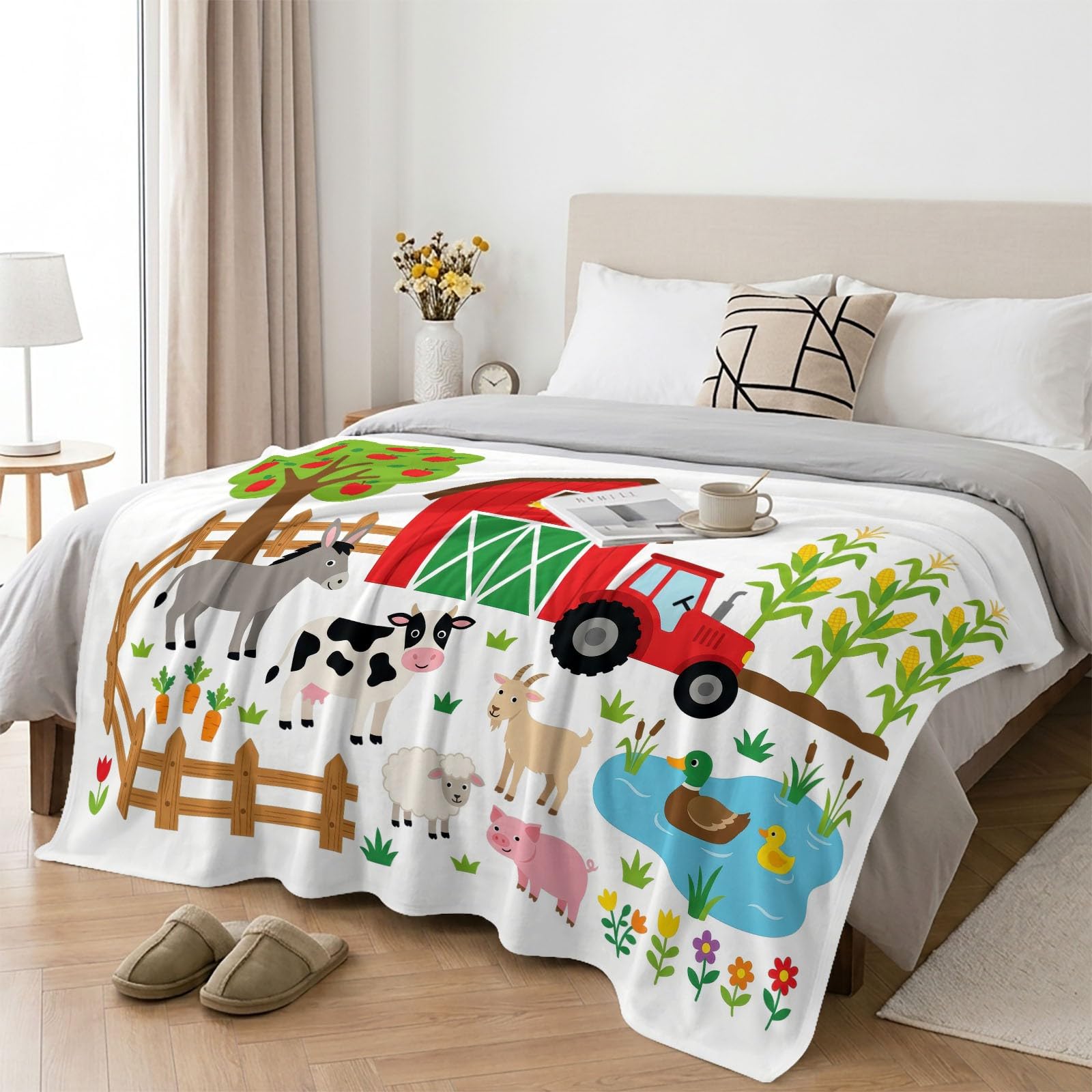 Generisch Manta suave de franela de 150 x 200 cm, con granero, cercas, animales, árboles, dibujos animados, estilo pastoral, suave manta para sofá, cama, habitación de los niños, manta como regalo