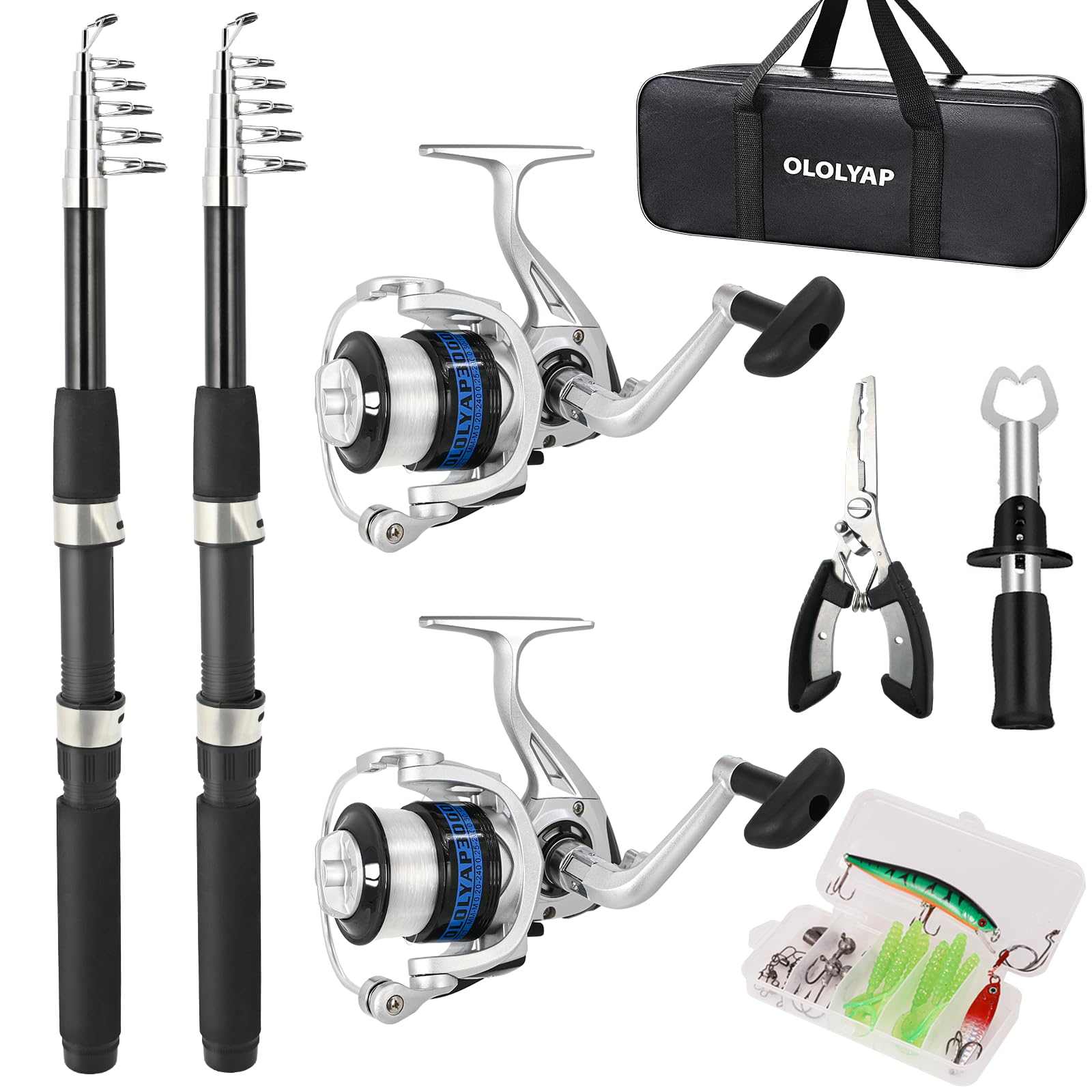 Fishing Pole Combo Set 6.9ft 2PCS Telescopic Fishing Rod and Reel Combo with Fishing Pliers and Lip Gripper Collapsible Fishing Rod and Reel Kits for Bass