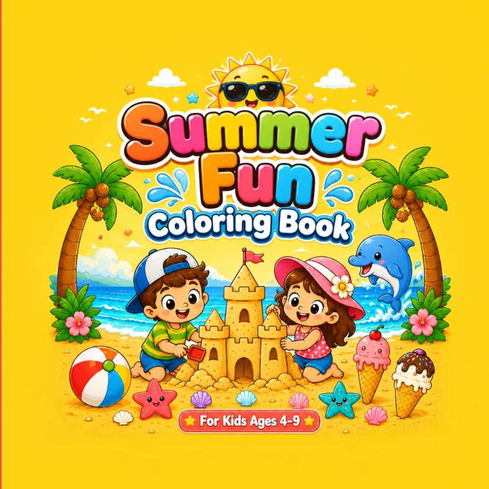 Summer Fun Coloring Book: Cute and Easy Summer Coloring Pages for Kids Ages 4-9 | Beach, Ice Cream, Sunshine, Vacation and Fun Activities