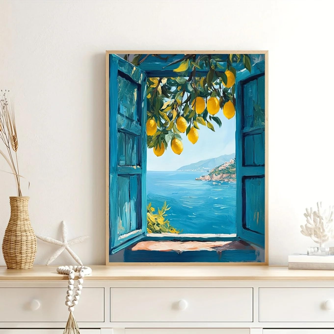 Gosrd Frameless Mediterranean Coastal Lemon Tree Wall Art Poster Seaside Landscape Painting With Open Window, Canvas Print Vintage(60X80cm/Frameless)