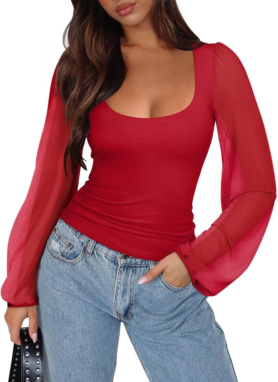 REORIA Womens Sheer Mesh Long Sleeve Scoop Neck Slim Trendy Going Out Tops Dressy Blouse