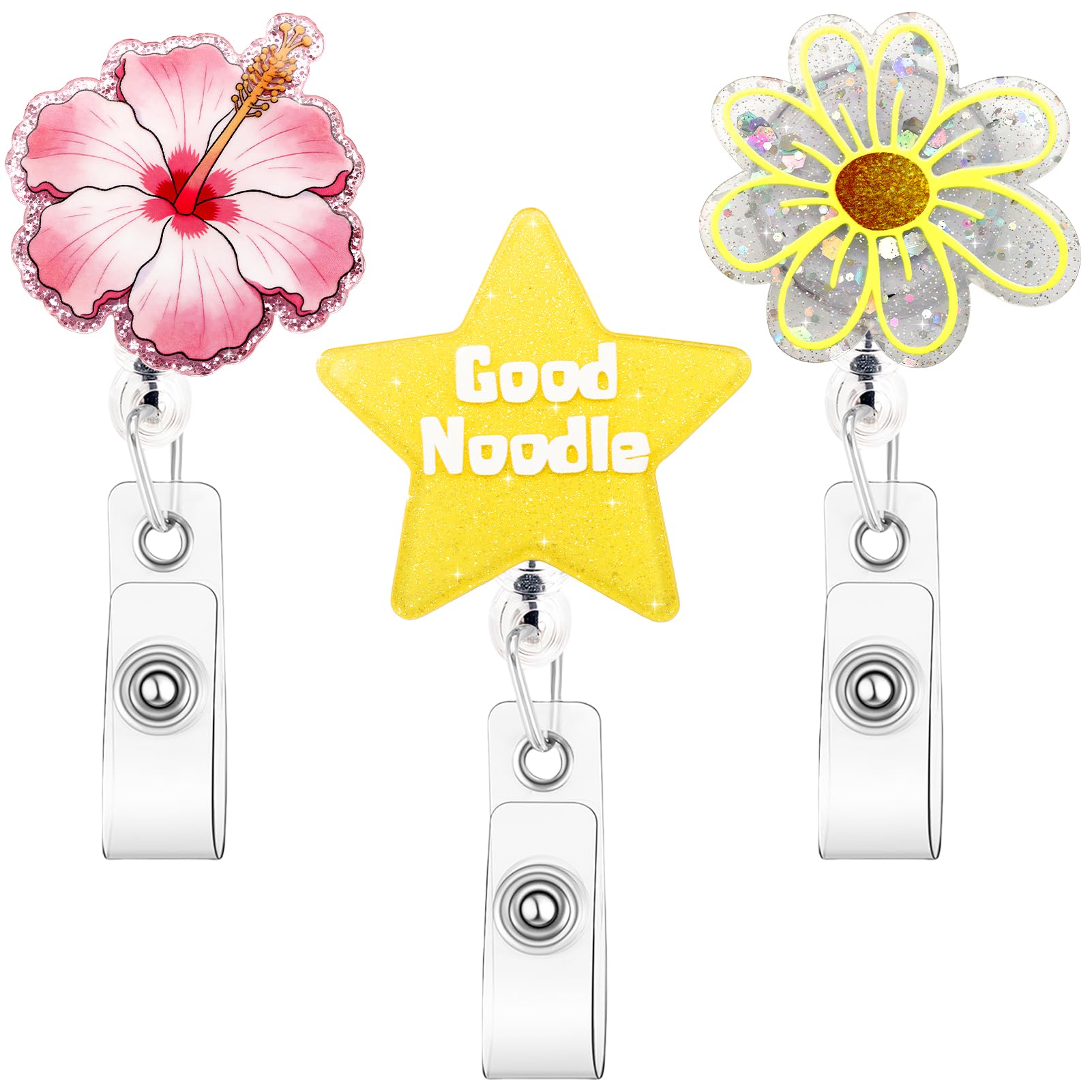 Zkptops 3Pcs Funny Badge Reel for Nurses Hospital Nurse Doctors ID Holder Cute Flower Good Noodle Retractable Cord 360 Clip Durable Acrylic Medical Card Holder Accessories for Nursing Student Gift