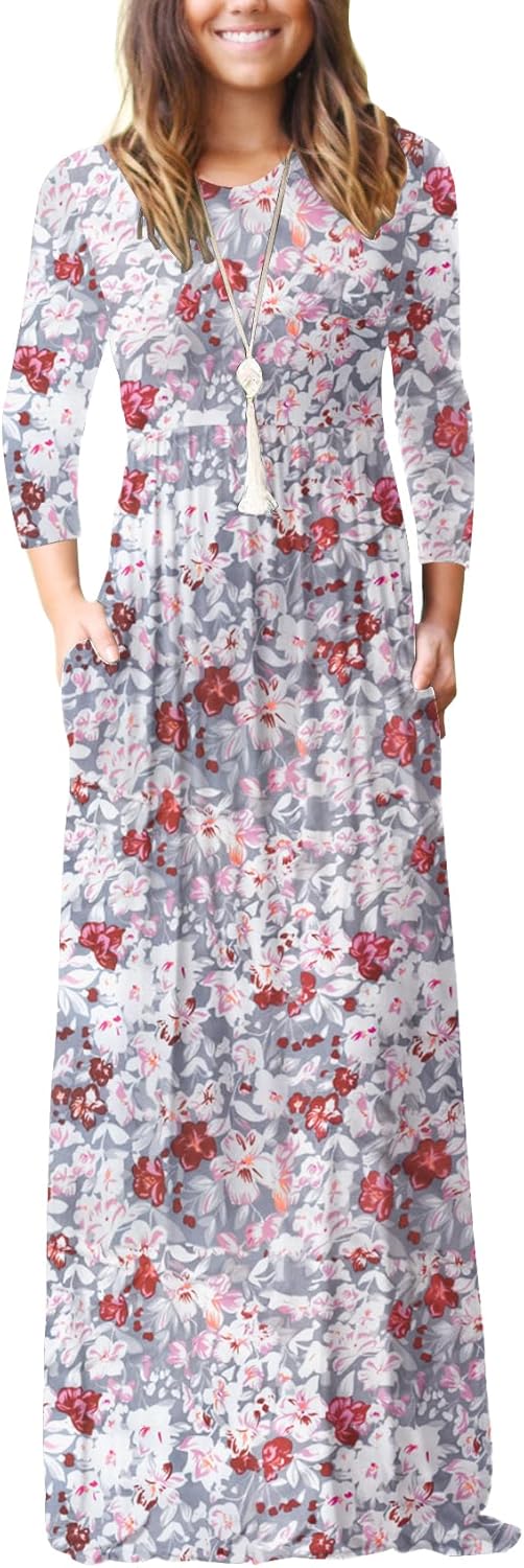 GRECERELLE Women Long Sleeve Casual Round Neck Loose Solid Floral Maxi Long Dress with Pockets, S-3XL