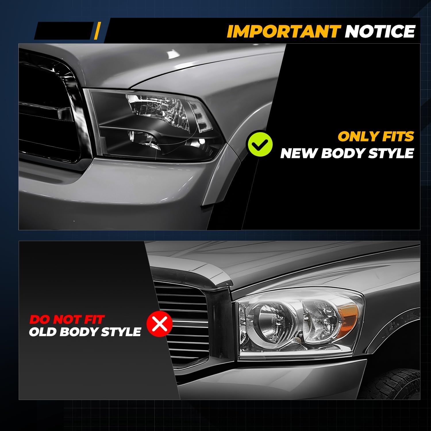 Auto Dynasty Quad Headlights Assembly Compatible with 2009-2010 Dodge Ram 1500-3500 New Body, 2011-2018 Ram 1500-5500, Halogen Headlamps Replacement, Left and Right Side, Black Housing Clear Corner