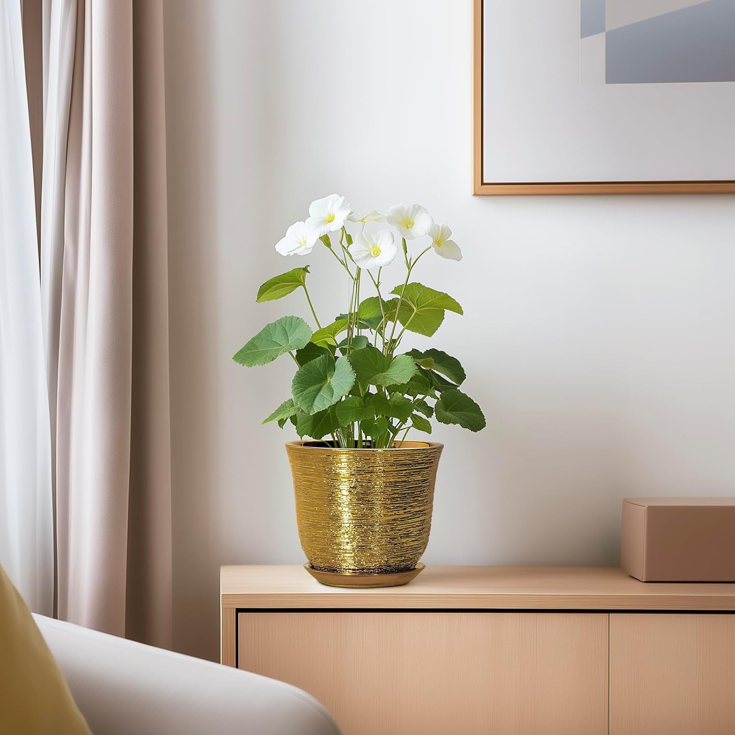 5.6 Inch Plant Pot - Ceramic Planter for Indoor Outdoor, Round Succulent Orchid Pot with Drainage Hole and Plant Saucer, Modern Decorative Planters, Living Room Decor, Gifts for Women, Gold
