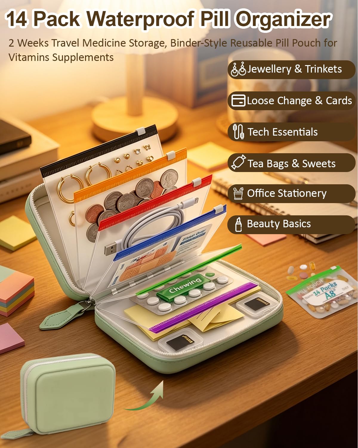 A8 Pilulier Organiseur Imperméable, 14 Pochettes à Médicaments avec Code Couleur, Trousse à Pharmacie Pratique et Réutilisable pour Usage Quotidien et Voyage (Vert)