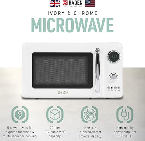 Miniatura 11 de Haden Horno microondas de 700 vatios y 0.7 pies cúbicos con controles digitales, descongelación e inicio instantáneo para encimera, negro / cobre