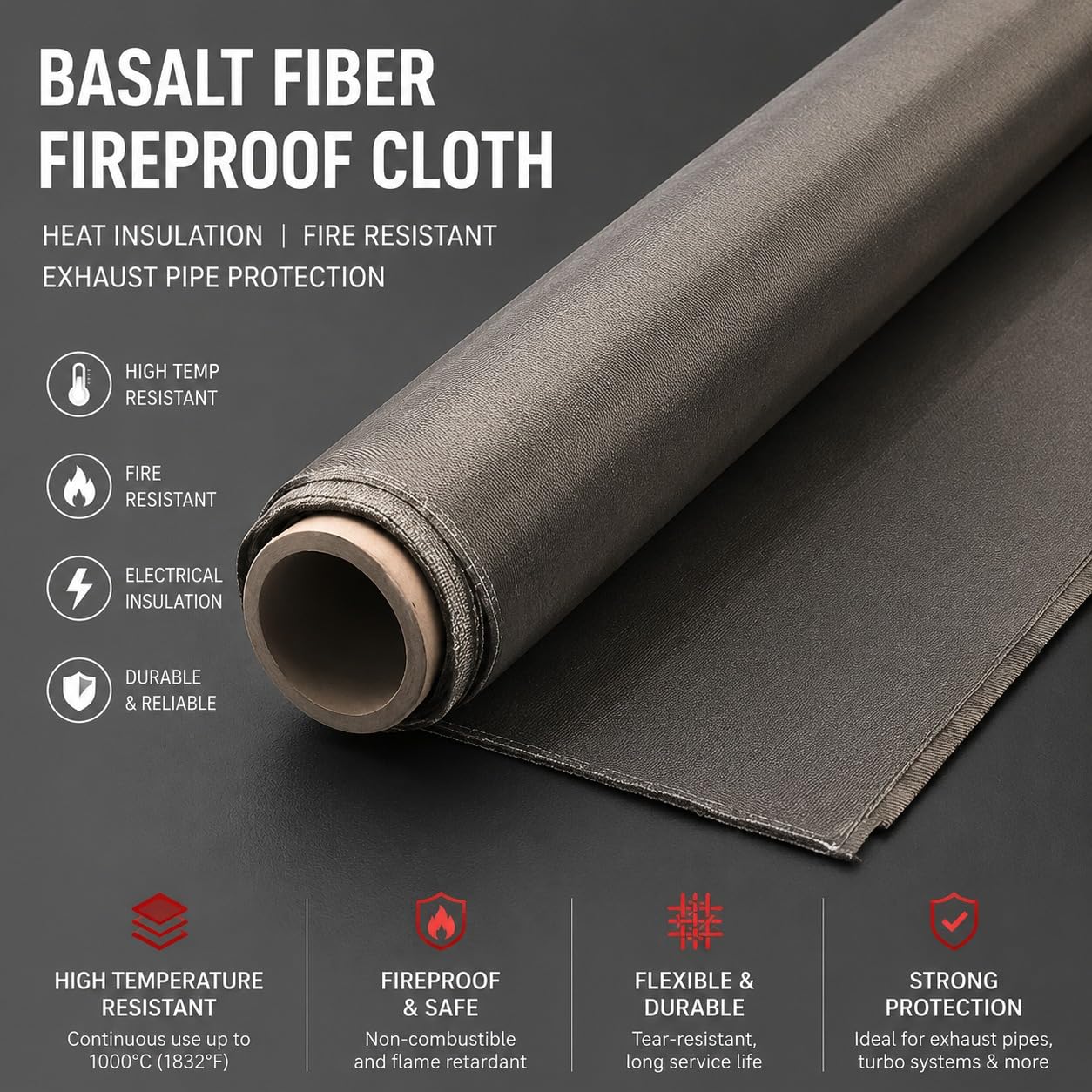 Tejido de Fibra de Basalto Alta Temperatura 700°C – Tela Ignífuga Resistente al Fuego para Aislamiento Térmico, Coche, Aeroespacial, Refuerzo de Compuestos(Size:1x5m,Color:330g/㎡)