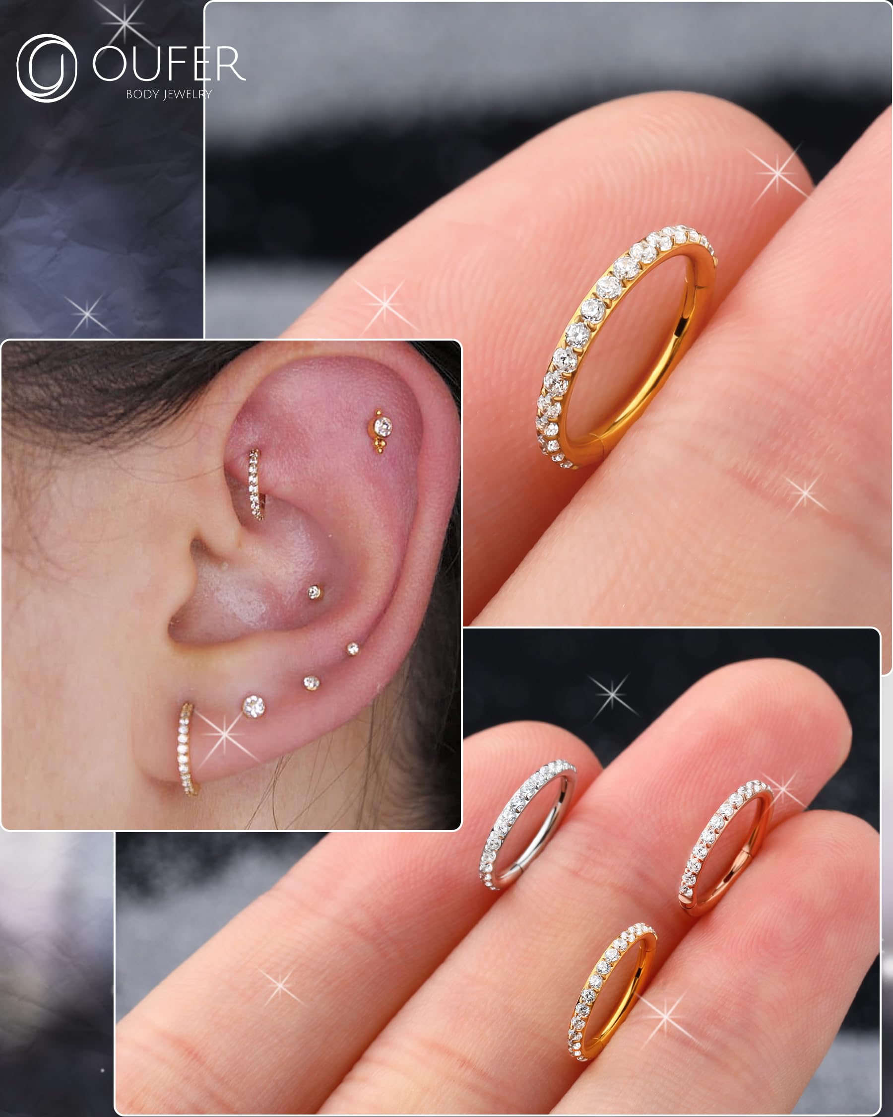 OUFER 18G 20G Nose Ring Hoops Hinged Seamless Segment Helix Piercings Nostril Clicker 316L Stainless Steel CZ Line Daith Tragus Cartilage Earring Jewellery — view 4