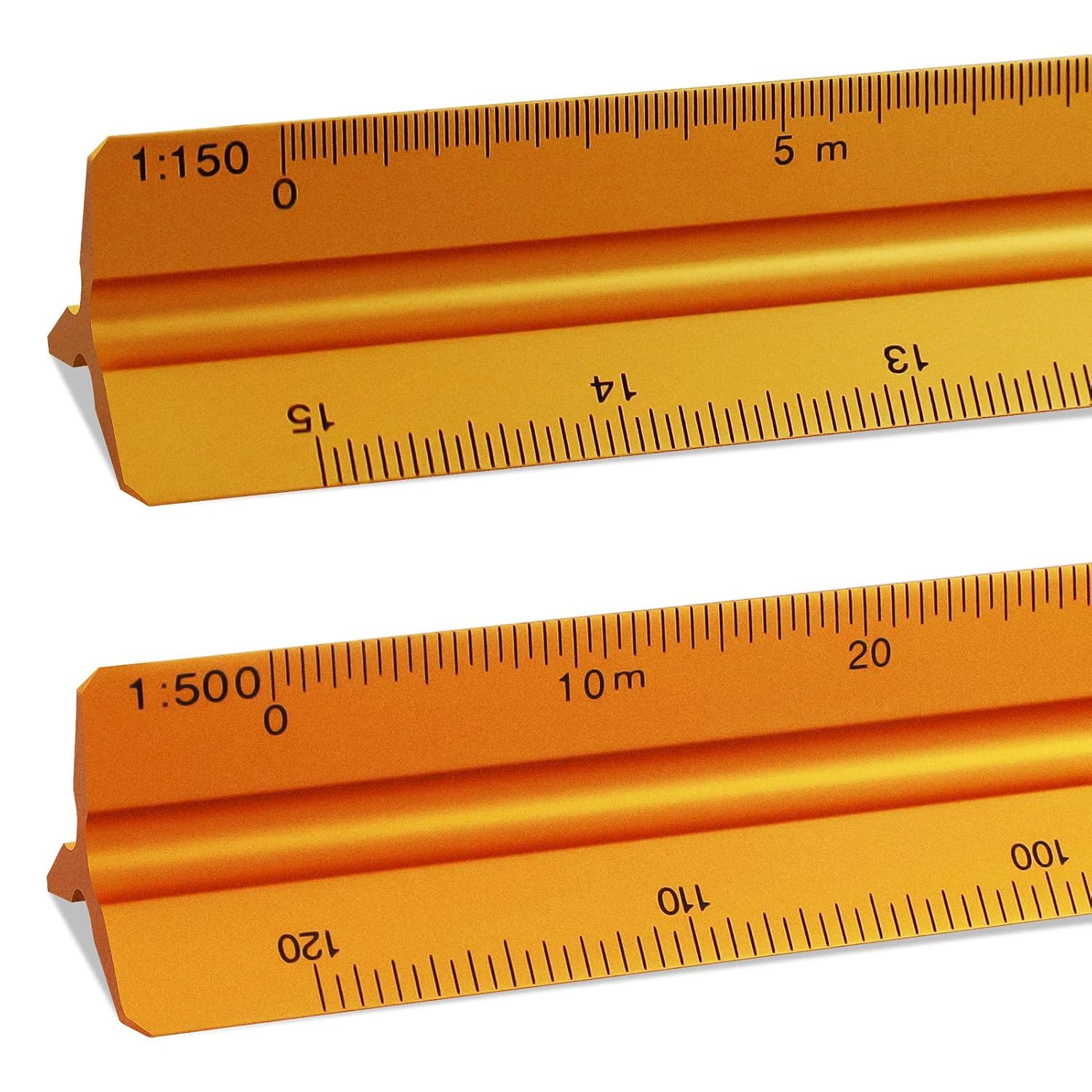 Triangular Scale Ruler, 2pcs Aluminum Architectural Scale Ruler Metric 1:20, 1:25, 1:50, 1:75, 1:100, 1:150/1:100, 1:200, 1:250, 1:300, 1:400, 1:500 Standard for Architects,Gold