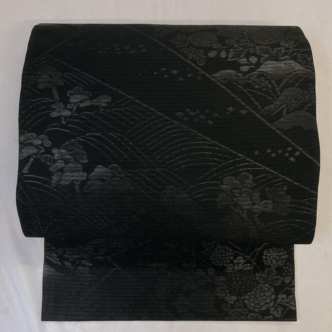 喪服 正絹 名古屋帯 夏用帯 絽 色紙重ね 流線 花模様 菊花 着物 喪服 正絹 名古屋帯 夏用帯 絽 色紙重ね 流線 花模様 菊花 着物