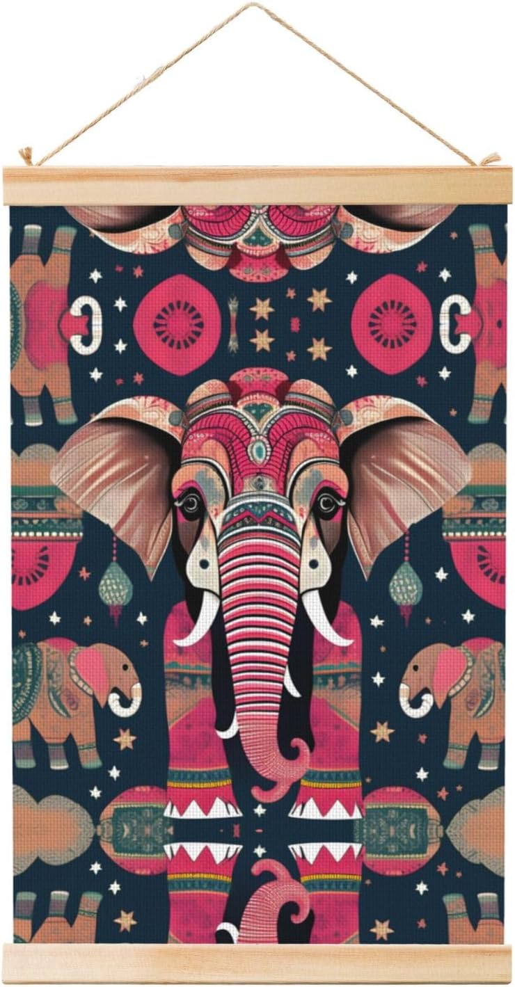 Bohemian Elephant Pattern Print Poster Hanger,Hanging Poster, Poster Frame,Wood Poster Hanger, For Wall Hanging