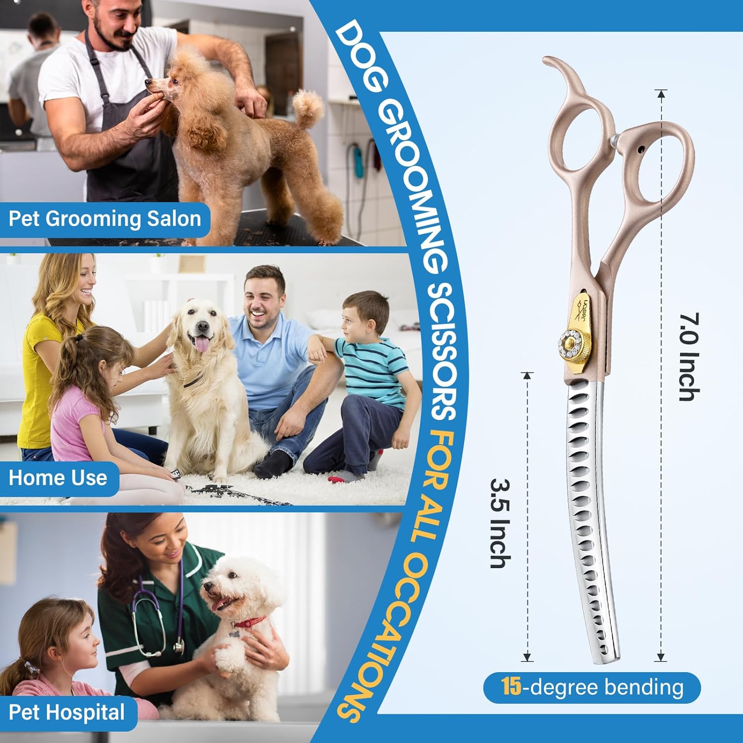 JASON Professional Curved Chunker Shears - 7 Inch Chunker Scissor Dog Grooming Japanese 440C Stainless Steel Diamond Screw with 21 Fishbone Teeth Dog Shears, Rosegold Christmas Gift