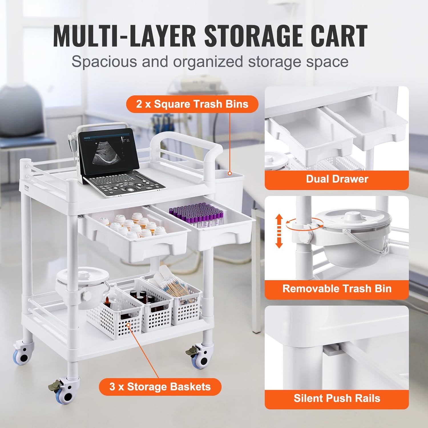 VEVOR Medical Mobile Trolley Cart with 2 Drawers & 3 Trash Cans, 2 Tiers Beauty Salon Rolling Trolley with 4 Silent Wheels & 2 Dirts Bucket & Bowl, Medical Utility Cart for Hospital Dental Clinic Lab