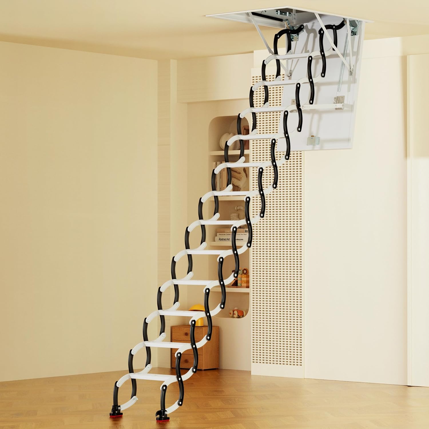 12 Steps Attic Ceiling Wall Pull Down Ladder w/Pull Rod, Folding Loft Stairs,39.4" * 27.6" Opening Size, 660LB Load Capacity, Pull Down System Attic Ladder,Telescopic Pulldown Stairs