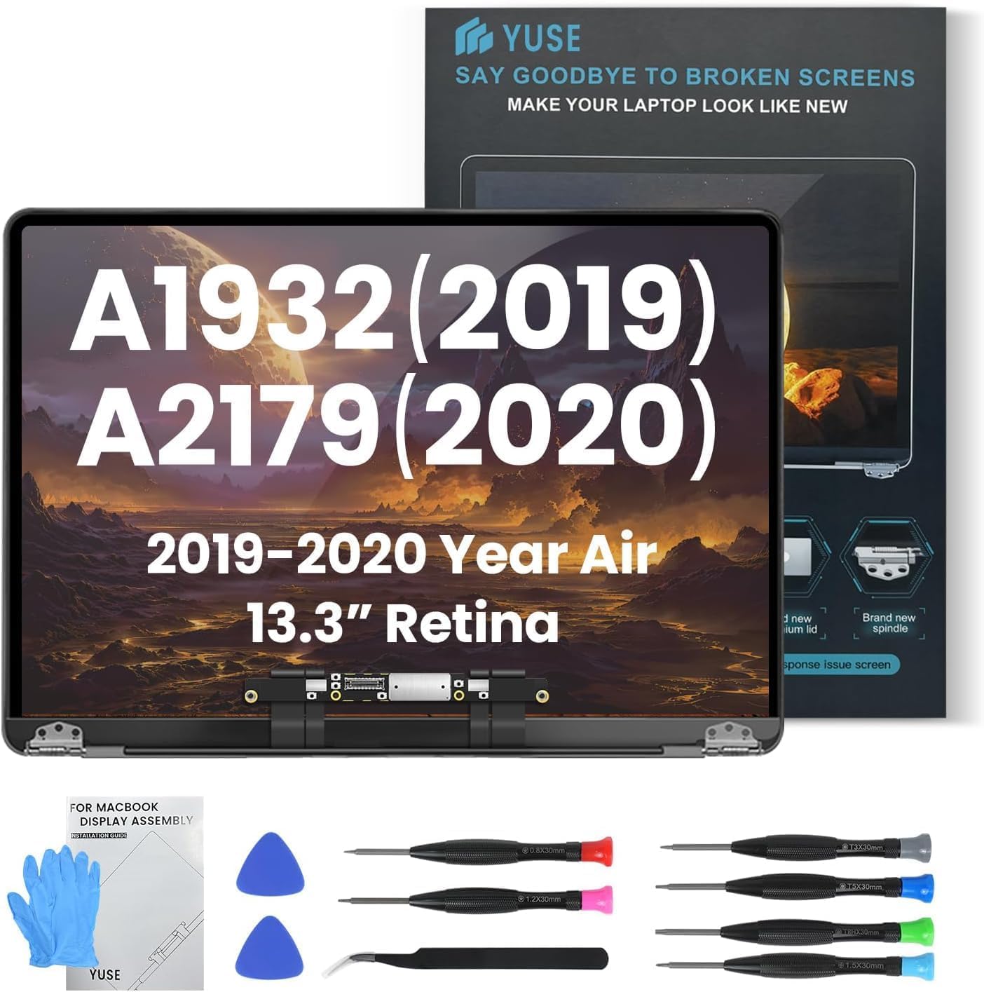 LHM A1932 2019 Jahr / A2179 2020 Jahr Ersatzbildschirm 13,3" für MacBook Air Retina (Modell: EMC 3302 EMC 3184 MVFH2 MVFJ2 MWTJ2 MWH22) Komplette LCD-Bildschirmbaugruppe mit Befestigungssatz (Gold)