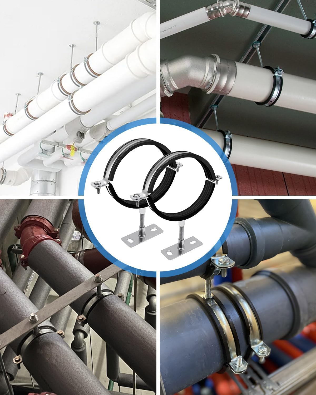 2 Pcs 4 Inch Adjustable Pipe Bracket, Split Ring Pipe Hanger, Heavy Duty B Vent Wall Strap Round Gas Vent Strap, Chimney Support Mount with Mounting Screws Anti-Slip Pads