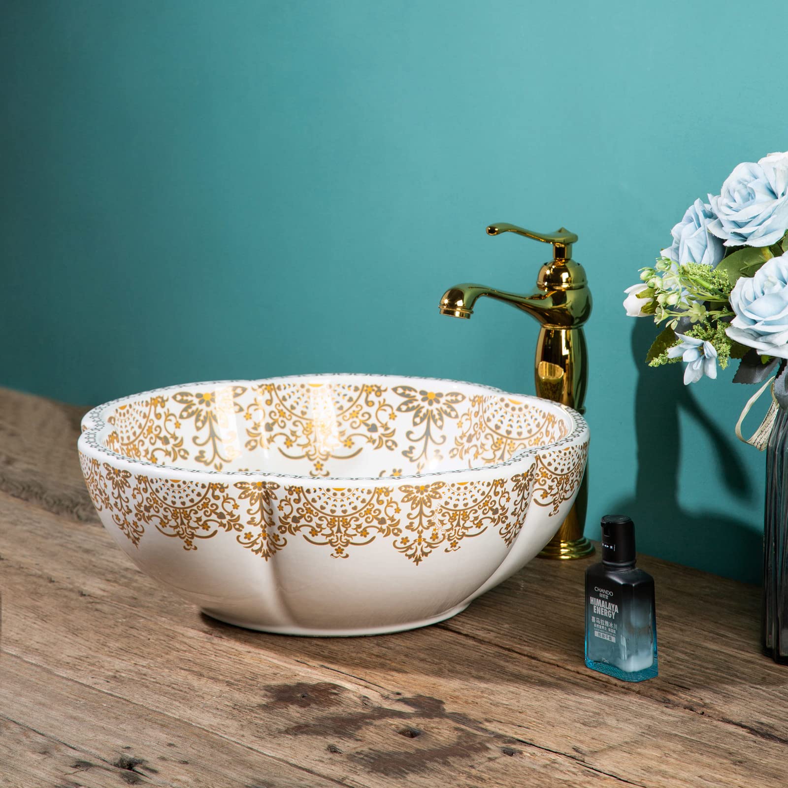 Moroccan Style White Gold Flower Shape Bathroom Vessel Sinks Art Moroccan Style White Gold Flower Shape Bathroom Vessel Sinks Art