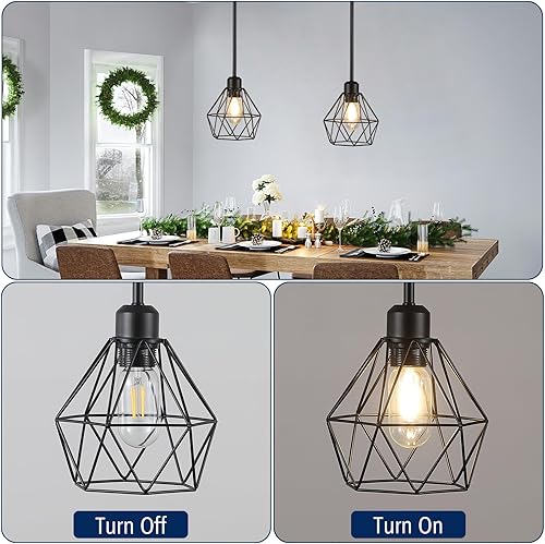 Miniatura 4 de Paquete de 2 luces colgantes negras para isla de cocina, moderna lámpara colgante de granja con pantalla de jaula de metal, lámpara colgante