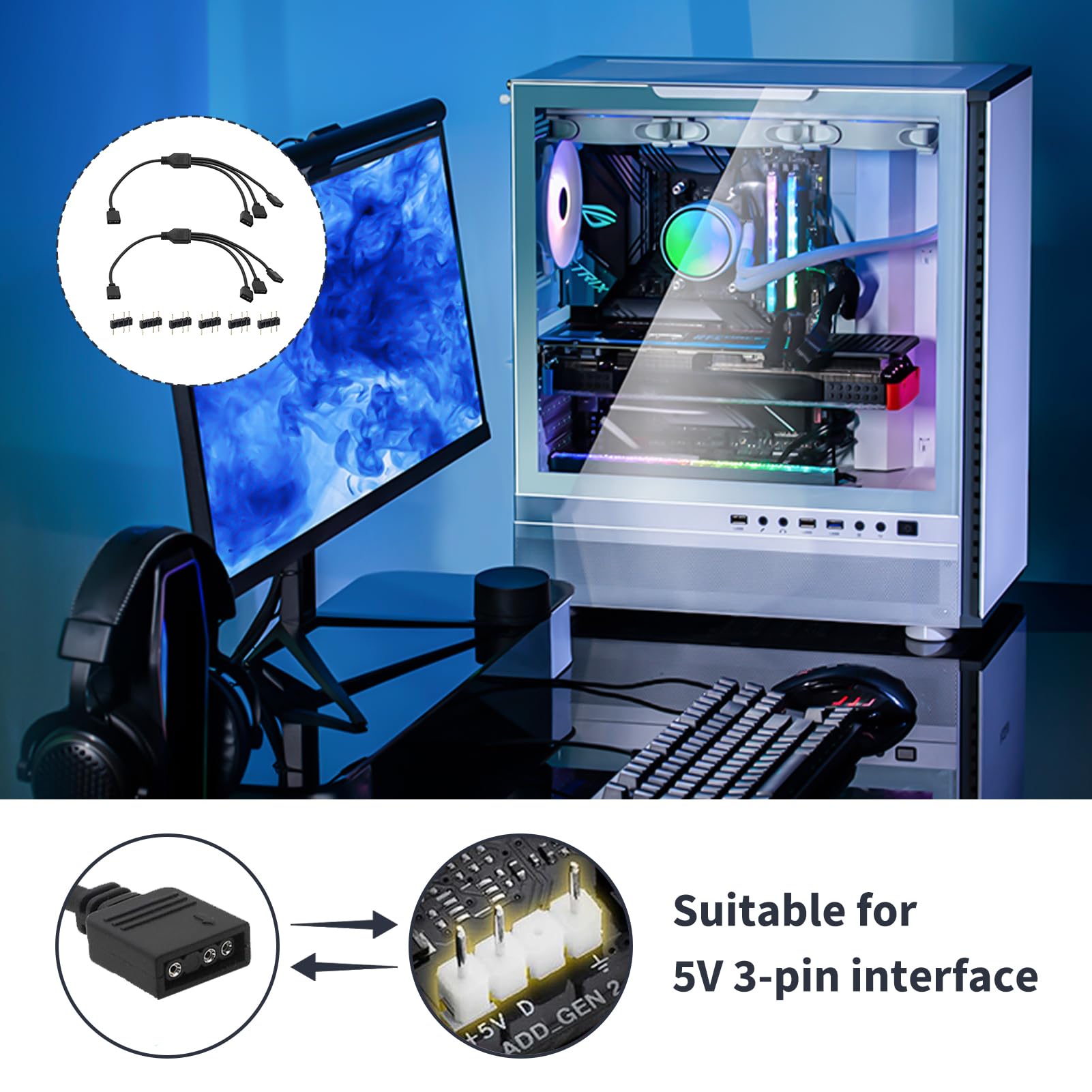 Câble Répartiteur PC ARGB 1 vers 3, Extension LED 5V 3 Broches, Compatible ASUS Aura MSI Mystic Gigabyte RGB Fusion