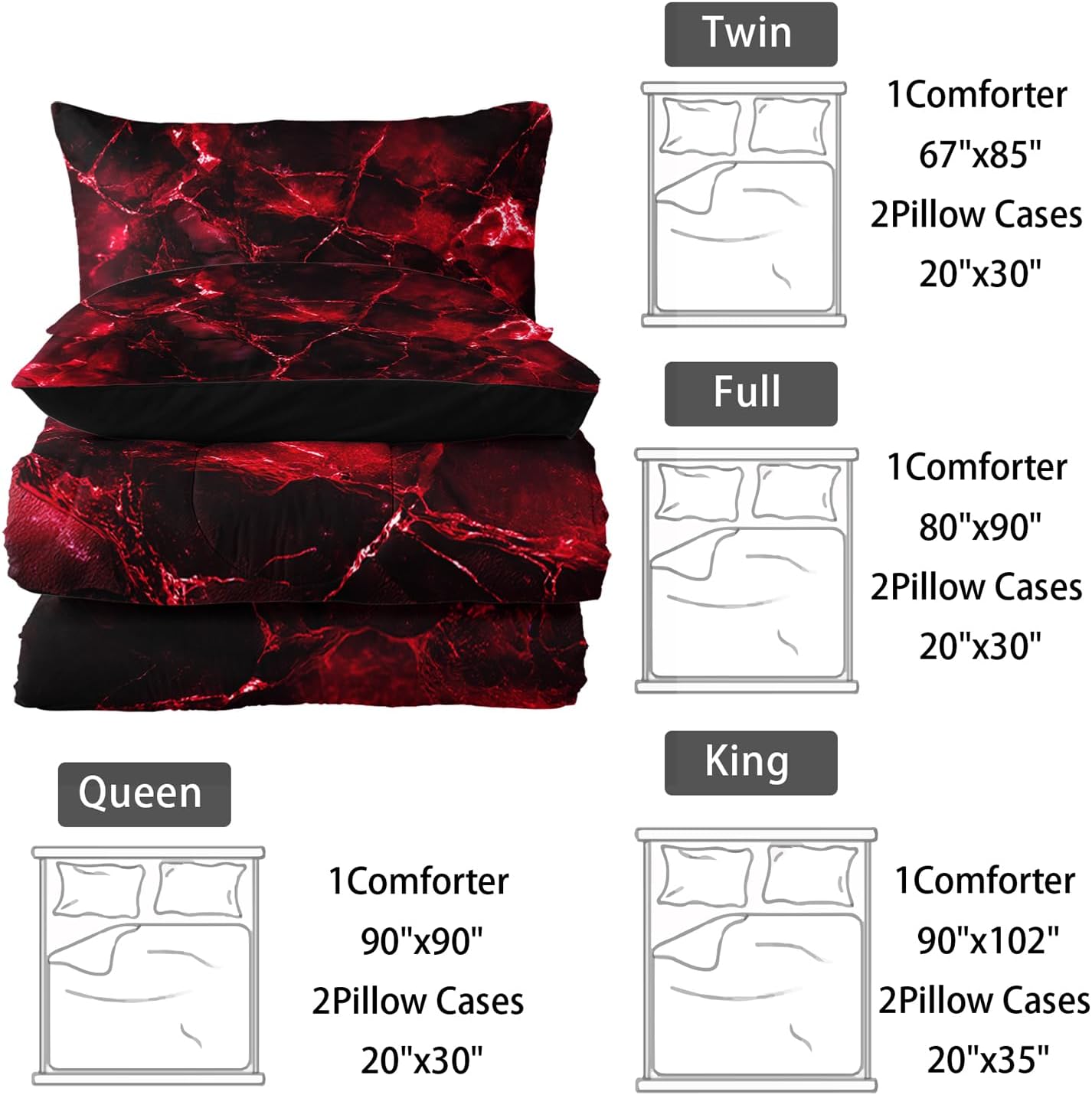 Nttopship Red Comforter Set Queen Size，Red Marble Bedding Set 3 Pcs Bedding for Adults, Marble Room Decor with Comforter and 2 Pillowcases Soft and Lightweight B-Side Black
