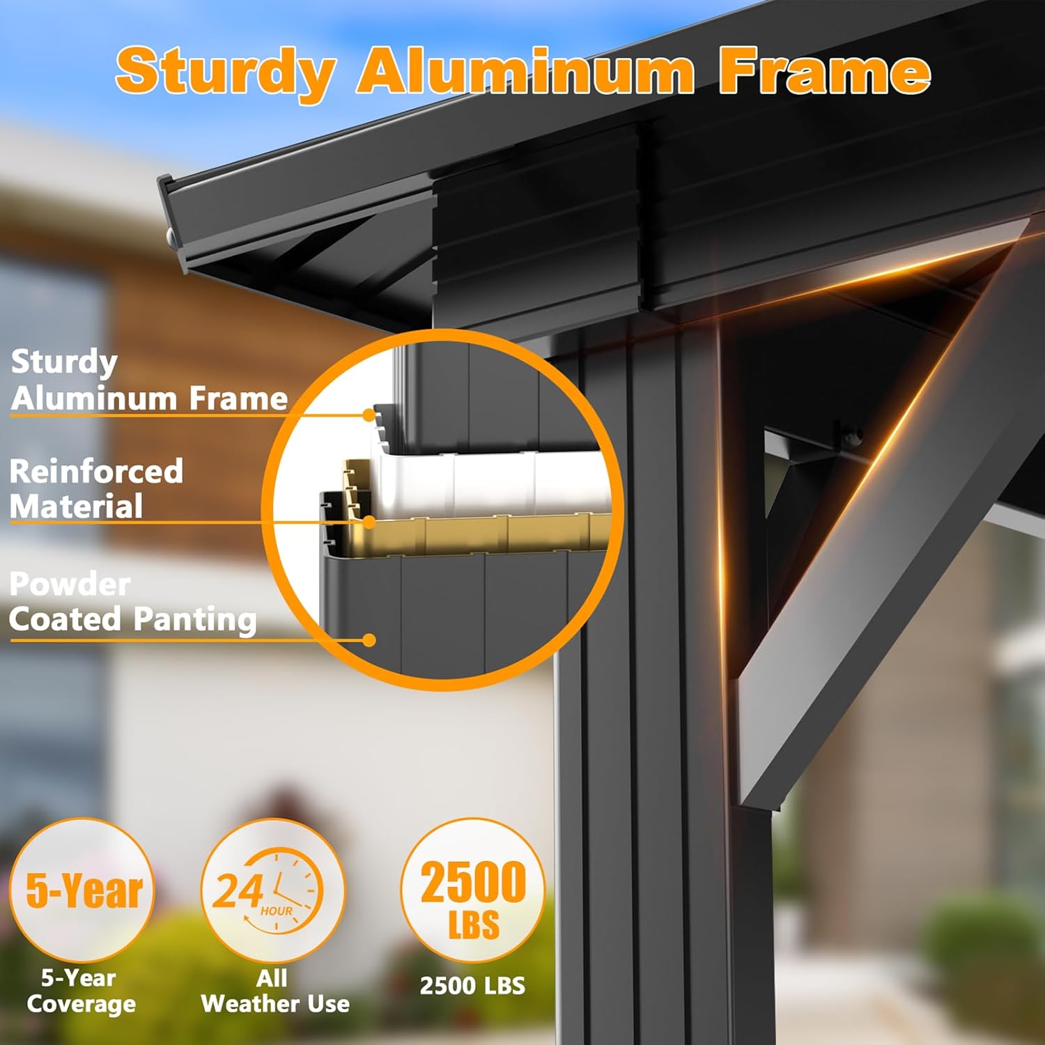 Close-up of HOTEEL gazebo's sturdy aluminum frame, highlighting reinforced material and powder-coated painting.