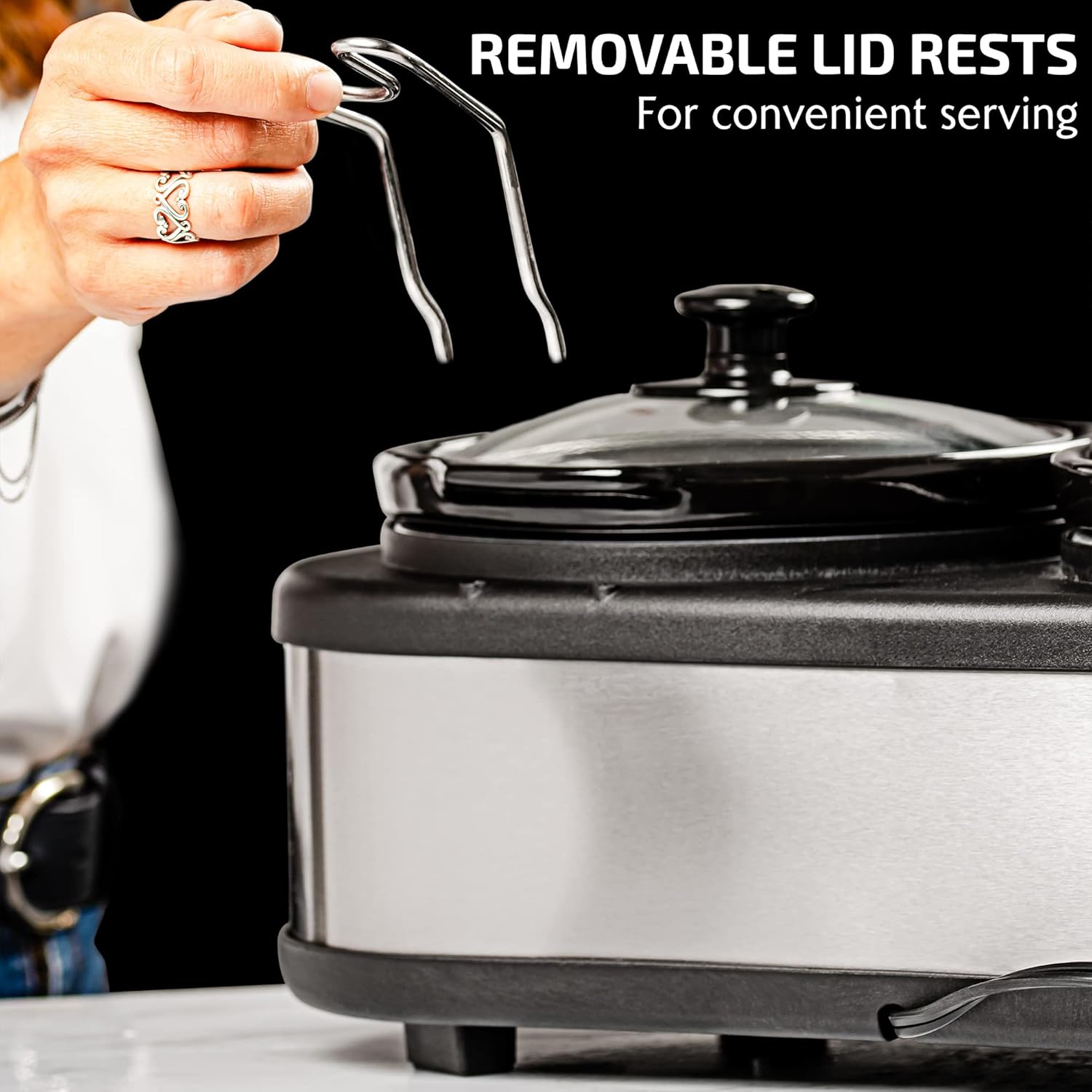 OVENTE Stainless Steel Triple Slow Cooker Buffet Server with Glass Lid & Temperature Control, 3 Section Station Portable 4.5 QT Ceramic Pot Food Warmer Easy Clean for Holiday Dinner, Silver SLO315CBR