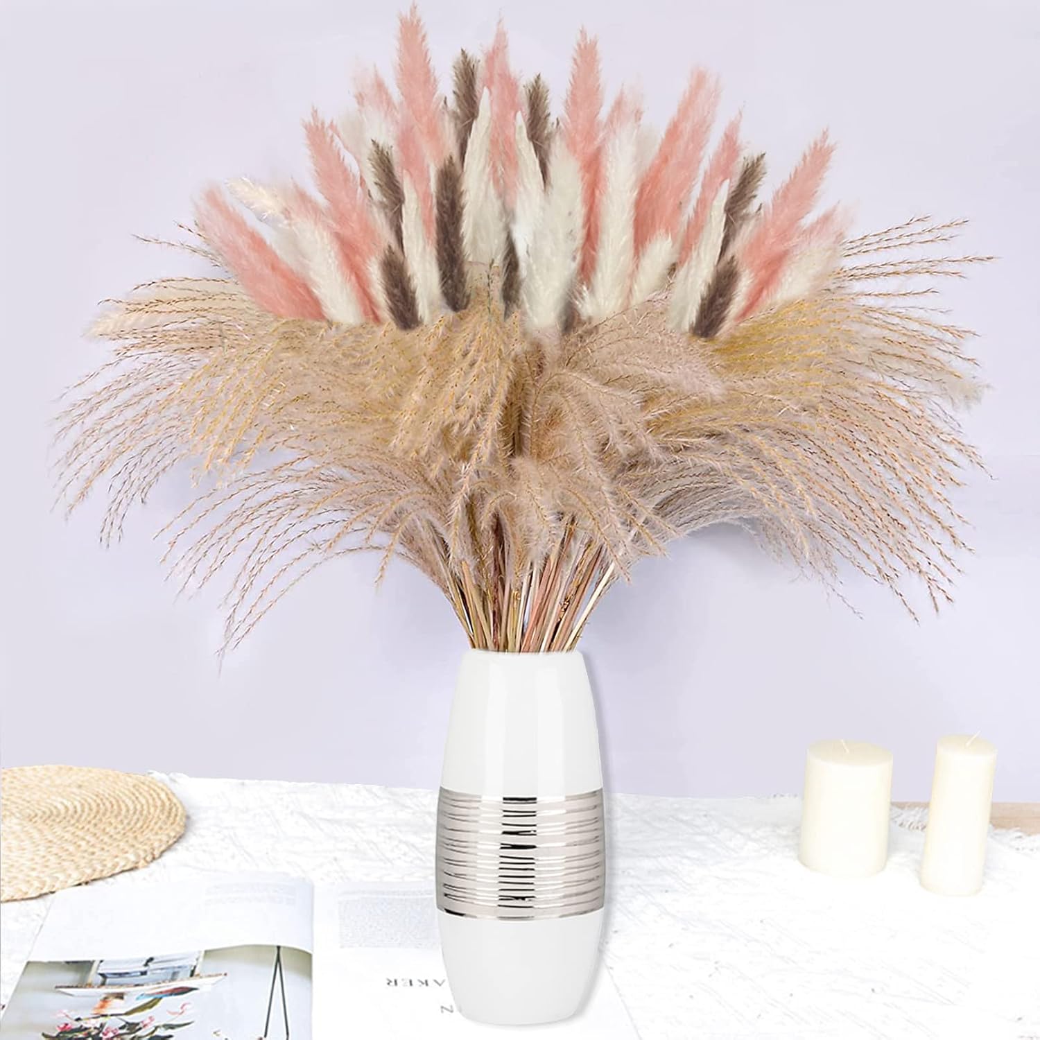 Natural Dried Pampas Grass Decor ,60 Pcs Pompous Grass Decor with 4 Colors , Fluffy Dried Flowers Bouquet for Flower Arrangements Home Boho Decor Wedding Party