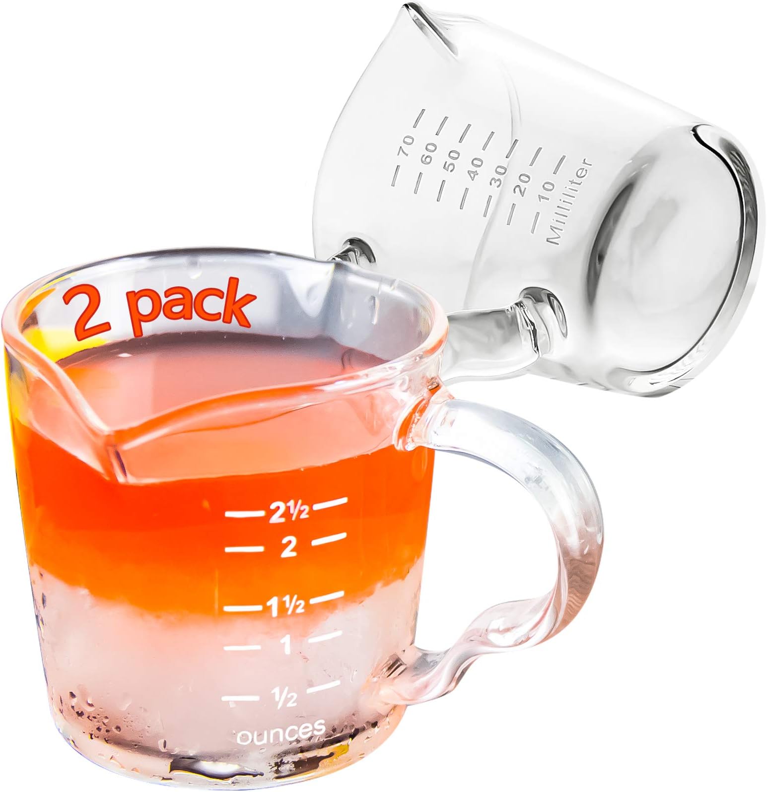 2 Pack Espresso Measuring Glass, 3-Ounce Double Spouts Shot Glass with Pouring Handle, Barista Measuring Pitcher, Heat Resistant Milk Cup