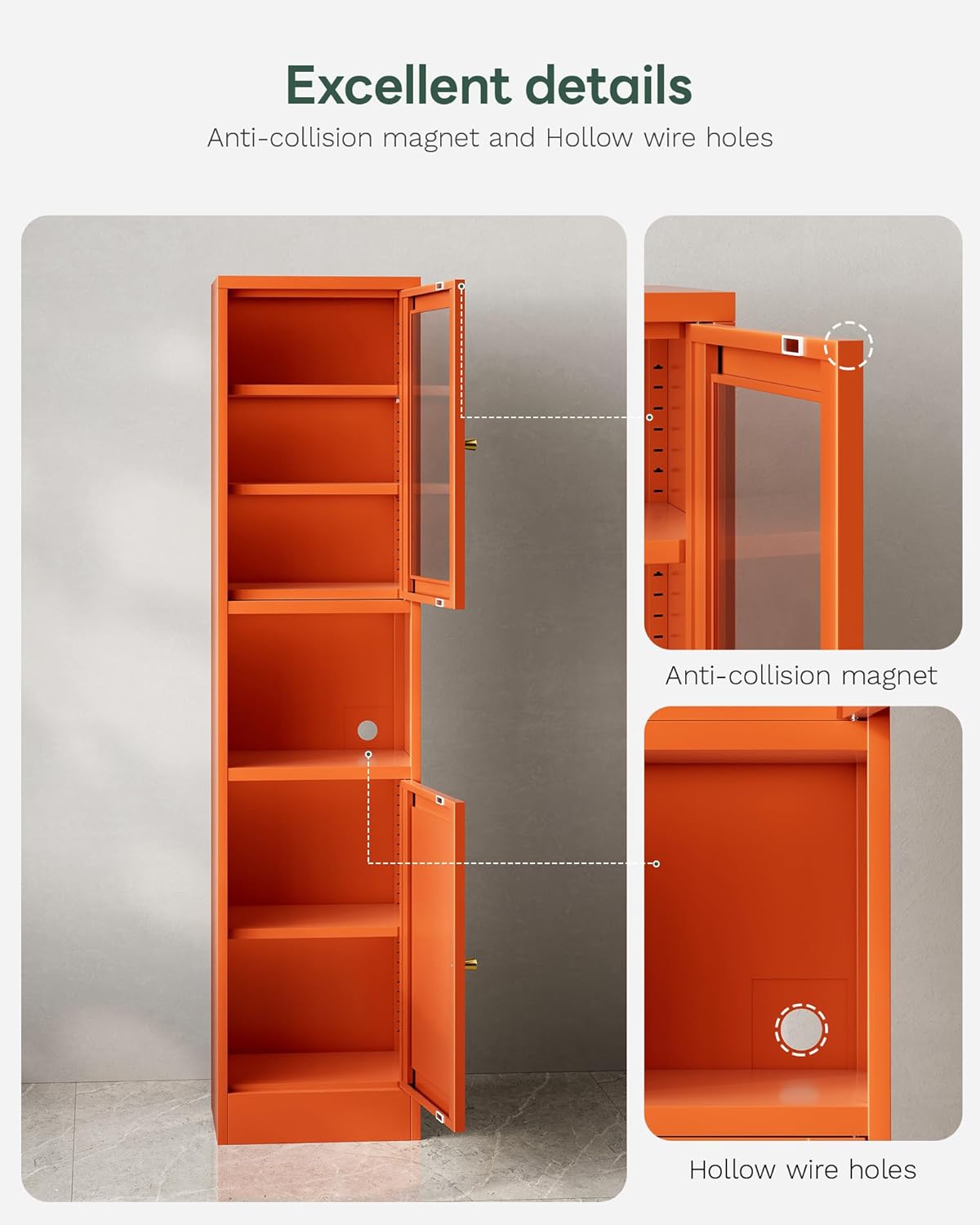 67" Slim Narrow Kitchen Pantry Cabinet with Glass Door – 6-Tier Tall Storage Cupboard for Small Space, Adjustable Shelves, Reversible Doors, Easy Assembly, Orange, Ideal for Bathroom