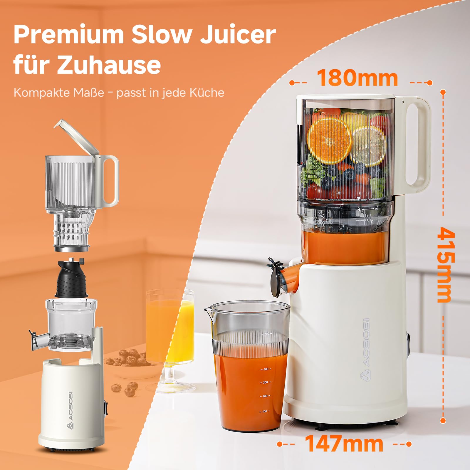 AOBOSI Slow Juicer mit 135 mm großer Einfüllöffnung, 200 W Kaltpress Entsafter mit Rückwärtslauf & Dreifachfilter, BPA-frei & leise, ideal für frischen Saft aus Obst und Gemüse