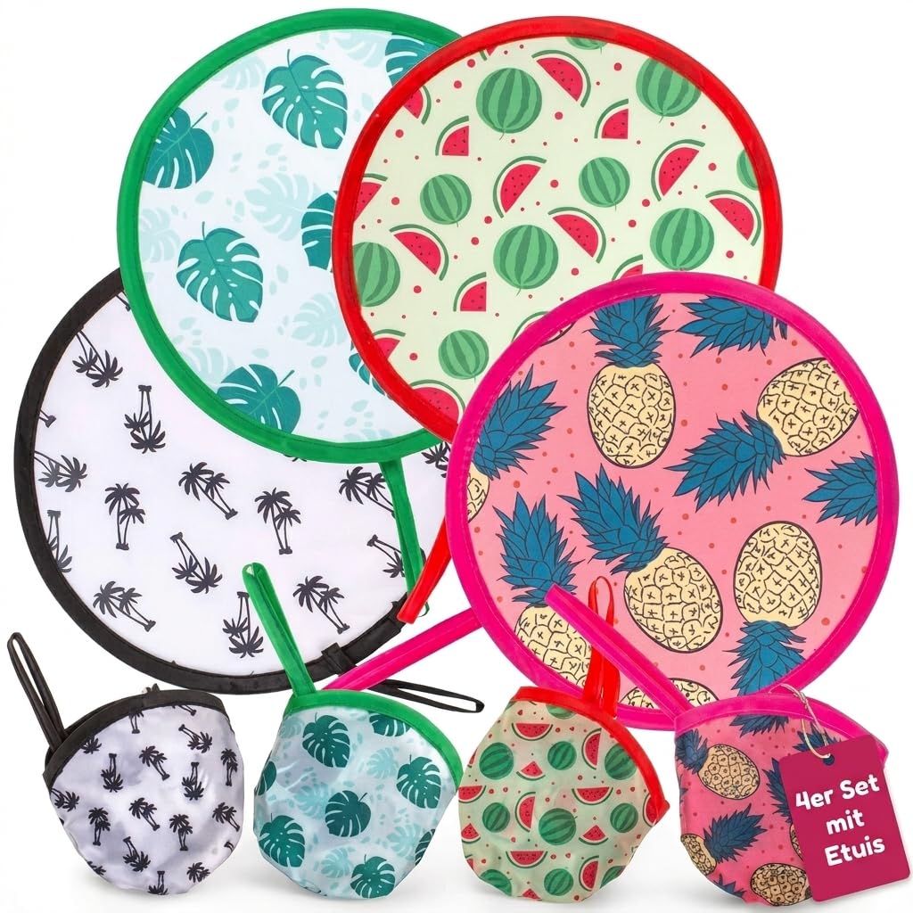 MIJOMA 4er Set Faltbare Taschenfächer mit Aufbewahrungstasche – Handfächer to go, kompakt & leicht, Ø 20 cm, ideal für unterwegs, Reisen & Festivals (Sun Vibes)