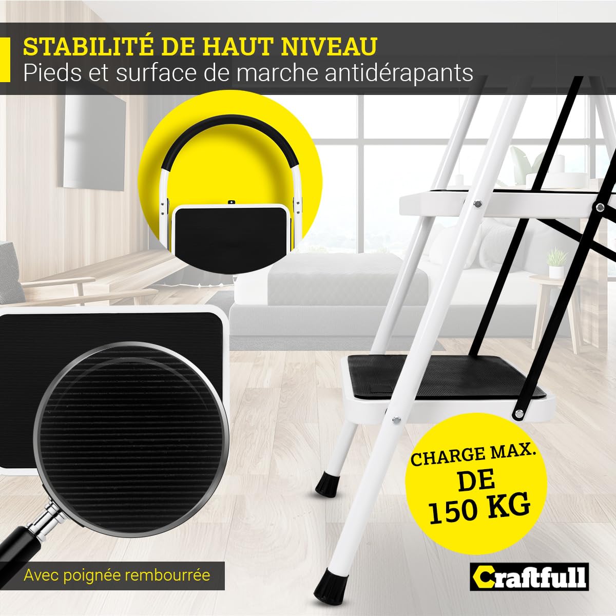𝐂𝐑𝐀𝐅𝐓𝐅𝐔𝐋𝐋 Design de l’échelle Pliante CF-130A | 2 à 5 marches - Pliable - Jusqu’à 150 kg - Échelle ménagère - Échelle - Échelle à marches