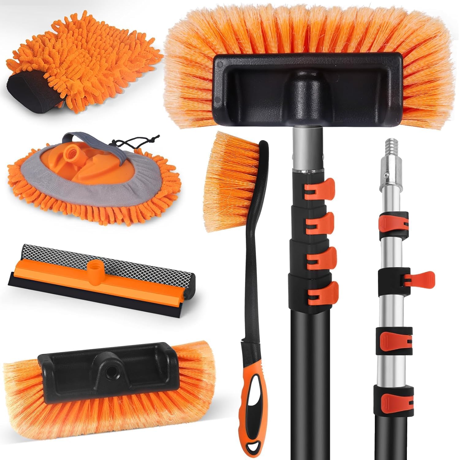 Car Wash Brush Kit with 144" Long Handle, Scratch-Free Soft Bristle Wash Brush with Extension Pole, Microfiber Mop, Window Squeegee, Wash Mitt & Wheel Brush for Cars, RVs, Trucks, SUVs