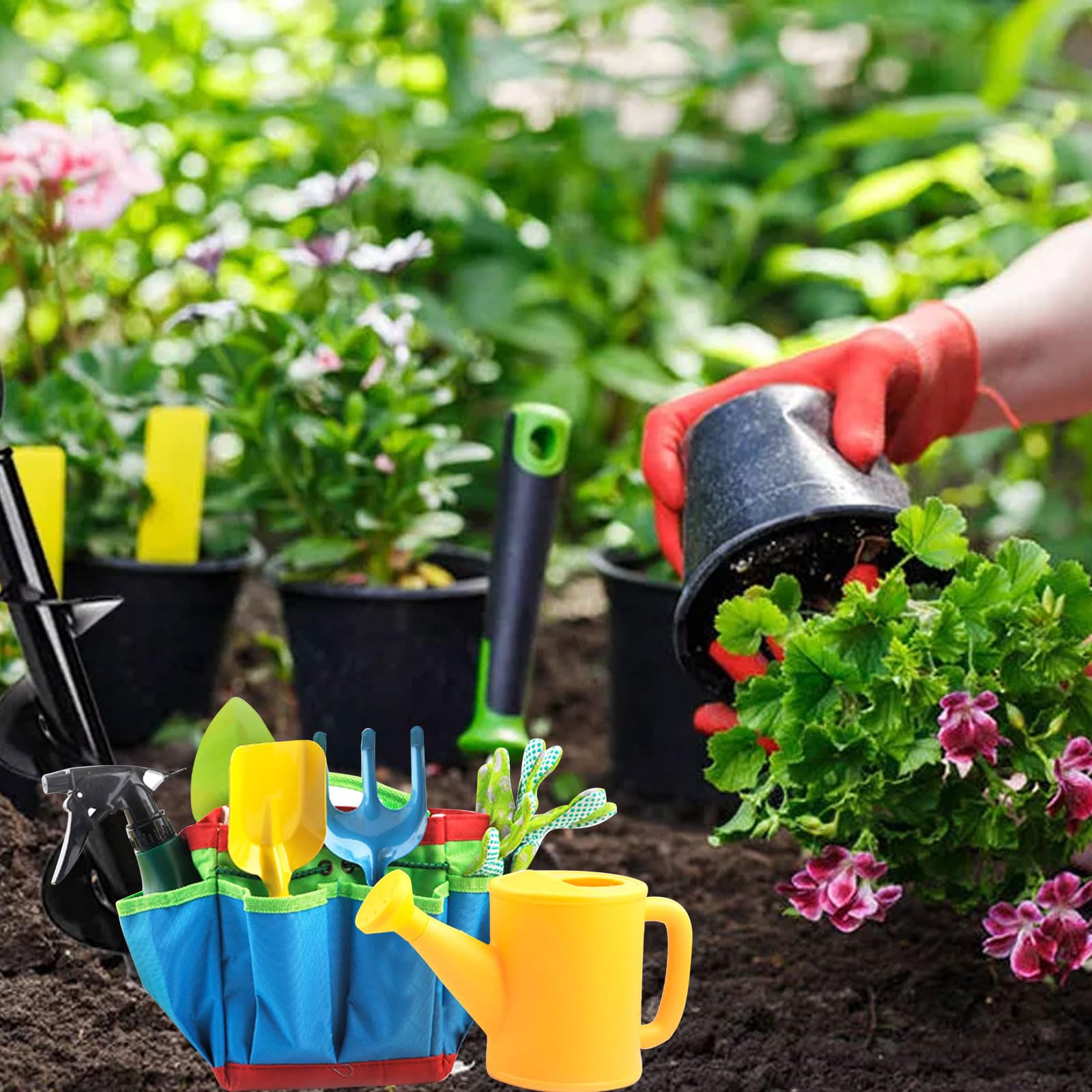 Set di attrezzi da giardinaggio per bambini, 23 attrezzi da giardinaggio, guanti da giardino per bambini, giocattoli per bambini con annaffiatoio pala rastrello, vanga, grembiule, giocattolo da