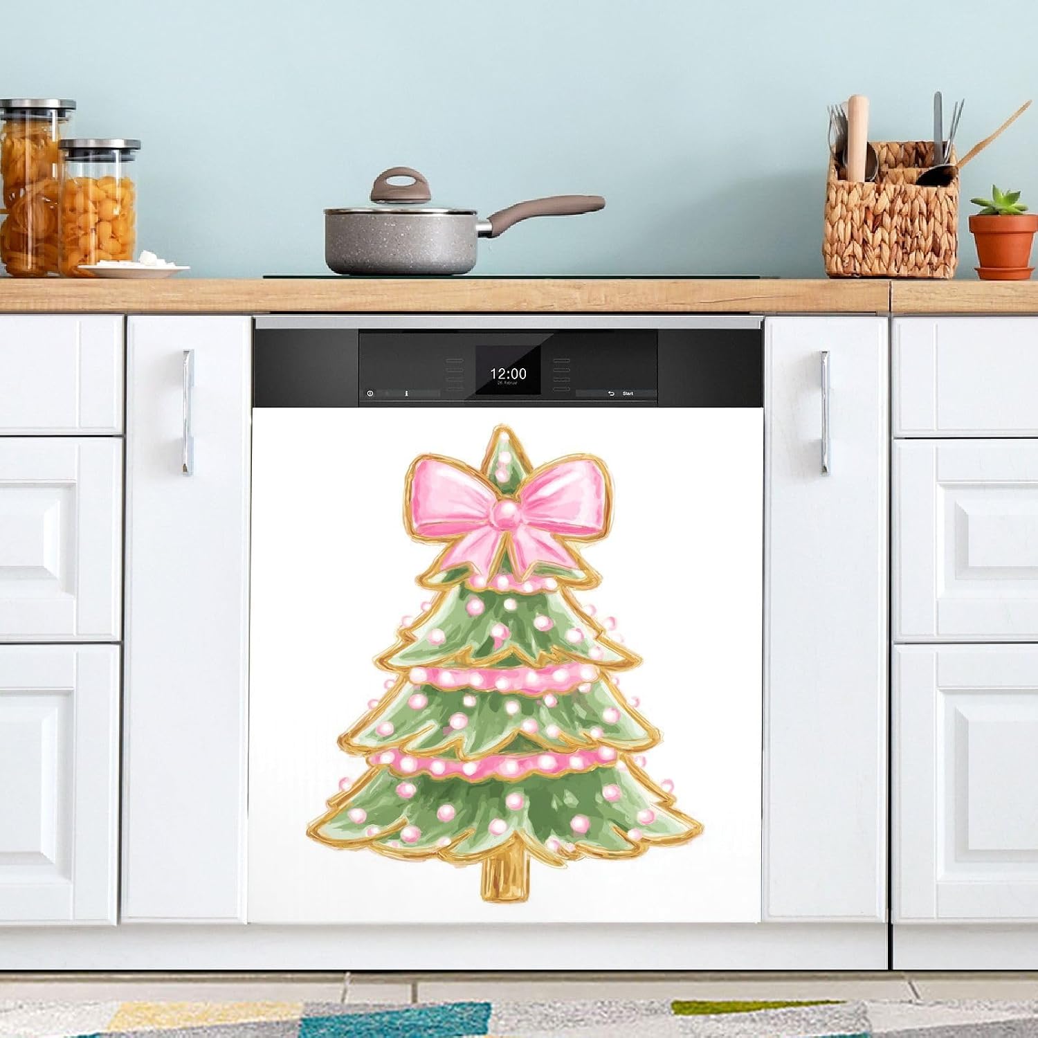 Blueangle Christmas Tree Pink Bow Dishwasher Magnet Cover, Front Dishwasher Cover Decoration, Home Cabinet Decals Appliances Stickers,23" L x 26" Magnetic Sticker Decorative