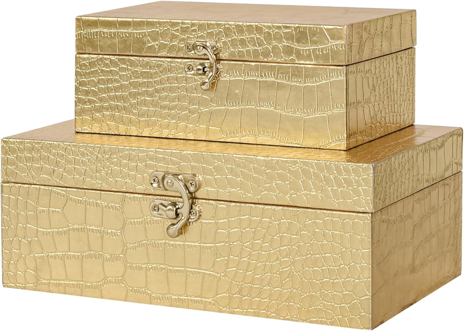 JUMBOHUMBLE Set of 2 Gold Crocodile Leather Wooden Nesting Storage Boxes with Clasp - Jewelry Trinket Organizer for Home Decor
