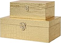 JUMBOHUMBLE Set of 2 Gold Crocodile Leather Wooden Nesting Storage Boxes with Clasp - Jewelry Trinket Organizer for Home Decor