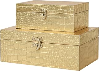 JUMBOHUMBLE Set of 2 Gold Crocodile Leather Wooden Nesting Storage Boxes with Clasp - Jewelry Trinket Organizer for Home Decor