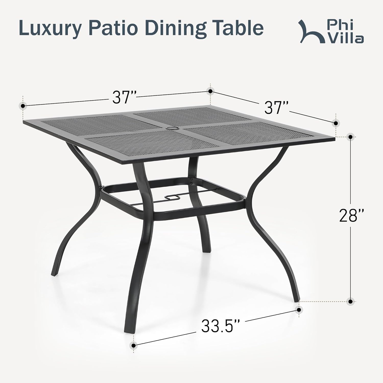 PHI VILLA 37 Inch Outdoor Dining Table Metal Steel Mesh Patio Dining Table Umbrella Table with 1.57" Umbrella Hole (Mesh)